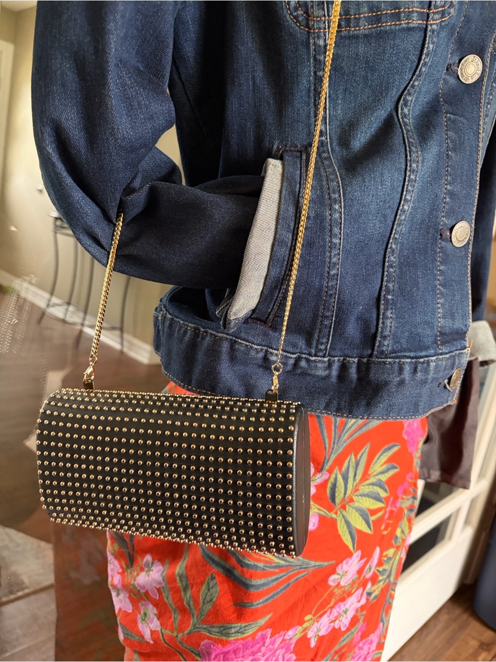 Vince Camuto Black Studded Crossbody with Gold Chain